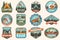 Set of summer camp, canoe and kayak club badges. Vector. Concept for patch. Retro design with camping, mountain, river