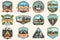 Set of summer camp, canoe and kayak club badges. Vector. Concept for patch. Retro design with camping, mountain, river