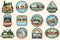 Set of summer camp, canoe and kayak club badges. Vector. For patch. Design with camping, mountain, river, american