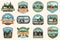 Set of summer camp, canoe and kayak club badges. Vector. For patch. Design with camping, mountain, river, american