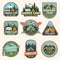 Set of Summer camp patches. Vector. Concept for shirt, stamp, apparel or tee. Vintage design with lantern, pocket knife