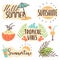 Set of summer isolated vector doodle icons. Hand lettering hello summer, tropical vibes, sunshine, summer time. Stickers of