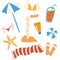 Set of summer items and beach objects. Beach accessories: umbrella, flip flops, towel, swimsuit, cocktail, ball, starfish, sign