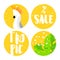 Set of summer labels for sale with cockatoo, palm leaves and text on yellow background. Flat design. Vector