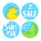 Set of summer labels for sale with duck, palm leaves and text on blue circles. Flat design. Vector background