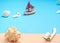 Set of summer object Sea Shell,boat,coral, starfish, and sand on