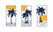 Set of summer posters with palm tree silhouette, sun and line waves. Vintage minimalistic banner, label or t-shirt design