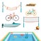 Set of summer sport beach objects. Swimming pool, motor boat