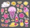 Set of summer stickers. Jellyfish, ice cream, happy cloud, sea shell and tropical fruits.