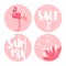 Set of summer stickers for sale with flamingo, flower and text on pink background. Flat design. Vector