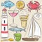 Set of summer symbols, shells, crab, boat, cocktail, lighthouse