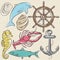 Set of summer symbols, ship rudder,anchor, shells, lobster,dolp