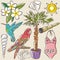 Set of summer symbols, swim suit, parrot, Hummingbird, palm tre