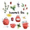 Set of summer tea, tableware, and plants berries and fruits,