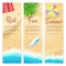 Set of summer travel banners. Tropical landscape, blue sea, gold sand, beach Mat, palm, surfboard, top view. Vertical
