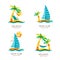 Set of summer travel and tourism illustrations. Tropical island, palms and sailing boat.