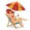 Set for summer vacation design - chaise longue, umbrella protecting from the sun. Summer holiday. Beautiful girl