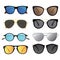 Set of sunglasses. Collection of stylish glasses. Avoid exposure to sunlight. Fashionable jewelry for the face.