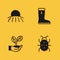 Set Sunrise, Colorado beetle, Leaf in hand and Waterproof rubber boot icon with long shadow. Vector