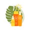 Set of sunscreen product with monstera leaf and abstract shape. SPF protection and sun safety concept. SPF sunblock summer