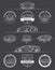 Set of super car silhouettes with auto service logos, labels, emblems, design elements. Vector illustration