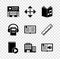 Set Supermarket building, Pixel arrows four directions, Audio book, Hotel, and Open icon. Vector