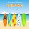 Set surfboards, different designs on beach. Summer sport surfing board