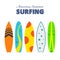 Set surfboards with different designs flat. Summer sport surfing board