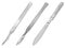 A set of surgical cutting tools. Reusable all-metal scalpel, delicate pointed scalpel with removable blade and