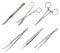 A set of surgical instruments. Different types of tweezers, all-metal reusable scalpel, clip with fastener, straight