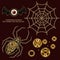 Set with surreal monsters, gold robotic spider, spiderweb, flying human red eyeball with bat wings, gold shiny gears
