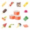 Set of Sushi, Bacon, Ice cream, Olives, Asparagus, Pizza, Jelly, editable icon pack