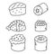 Set of sushi hand drawn doodle. Contour drawing, outline different asian food sushi rolls, tempura shrimp. Simple line