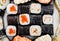 Set of sushi, maki, gunkan and rolls with salmon