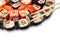 Set of sushi, maki and rolls closeup with chopsticks