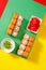 Set of sushi over colourful bright background