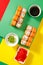 Set of sushi over colourful bright background