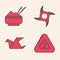 Set Sushi, Rice in a bowl with chopstick, Japanese ninja shuriken and Origami bird icon. Vector