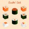 Set of sushi and rolls with salmon, caviar, cheese, avocado, mango, nori. Hosomaki, futomaki, uramaki, gunkan maki, maki