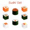 Set of sushi and rolls with salmon, caviar, cheese, avocado, mango, nori. Hosomaki, futomaki, uramaki, gunkan maki, maki