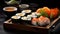 Set of sushi and rolls with a salmon, Japanese food concept