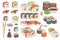 Set of sushi, rolls, wasabi, soy sauce, ginger, chopsticks. Traditional japanese seafood dishes. Hand drawn elements for
