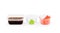 Set of sushi tablewear saucer with soy sauce, small white bowls for ginger and wasabi at white background