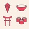 Set Sushi, Temaki roll, Bowl of hot soup and Japan Gate icon. Vector
