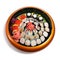 Set of sushi in wooden circle plate