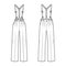 Set of Suspender Pants Dungarees technical fashion illustration with full length, normal low waist, high rise, pockets