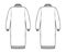 Set of Sweater dresses technical fashion illustration with rib turtleneck, long sleeves, oversized, knee length, knitted