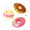 Set of Sweet cartoon chocolate and strawberry donut illustration with glaze on top. Collection of sweets doughnut with