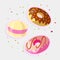 Set of Sweet cartoon chocolate and strawberry donut illustration with glaze on top. Collection of sweets doughnut with