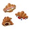 set of sweet croissants with chocolate, berries and ham and eggs